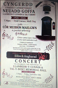 Concert to Celebrate the Centenary of Llanbedr y Cennin a Talybont Memorial Hall Poster